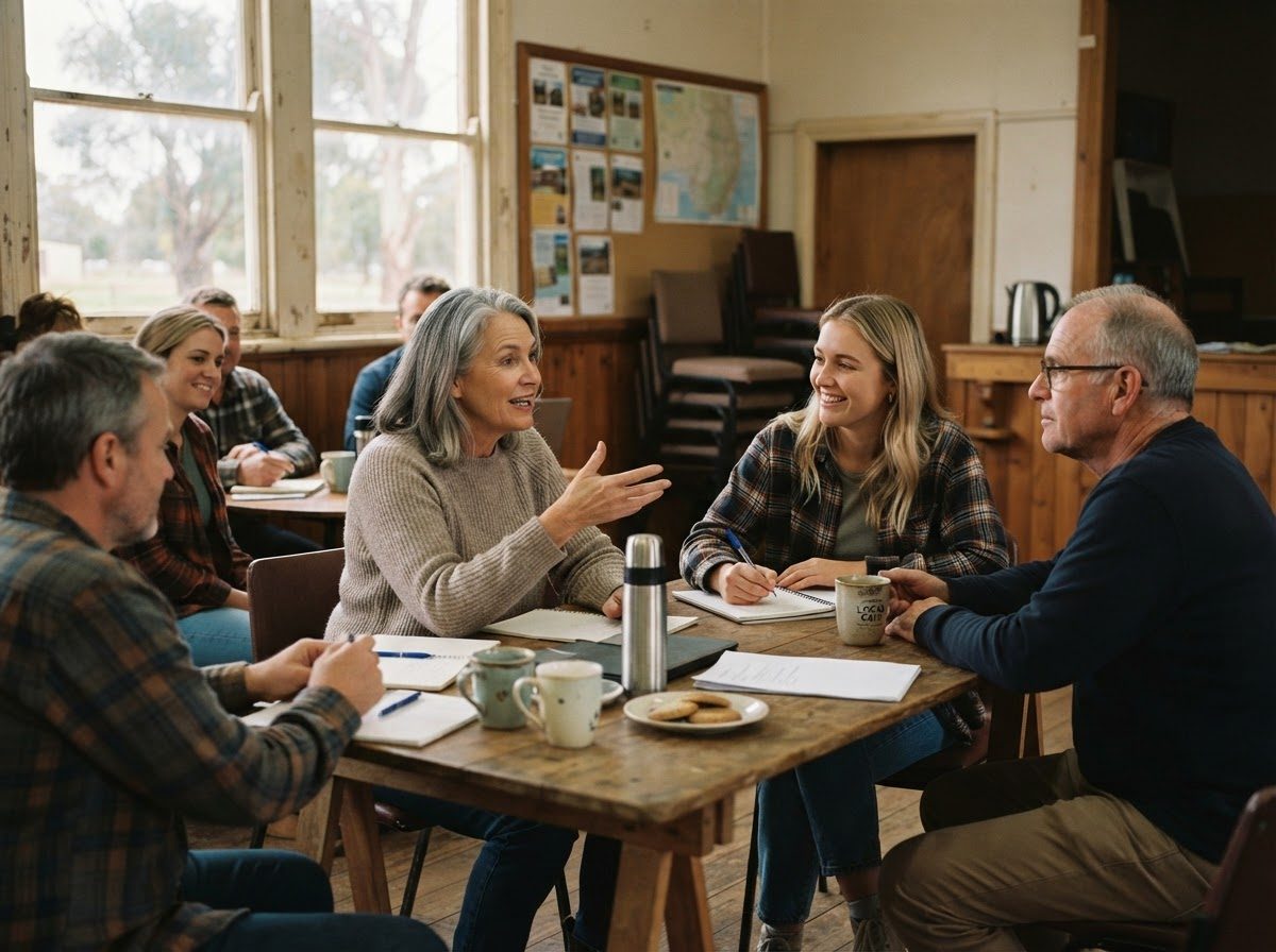 A small not-for-profit team meeting around a table in a community hall.