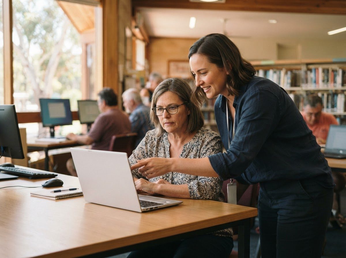 An instructor helping a student at a laptop during an adult computer class.