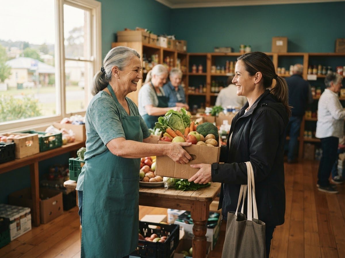 A volunteer handing a box of fresh produce to a visitor at a community food pantry.